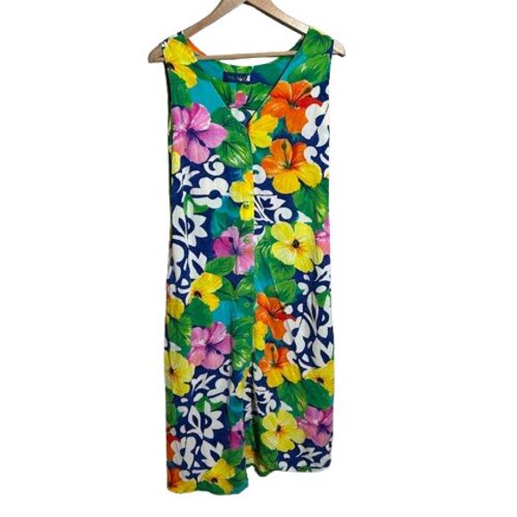 Vtg Jams World Dress S Tropical Floral Midi Button Front Sleeveless Colorful - Picture 1 of 9